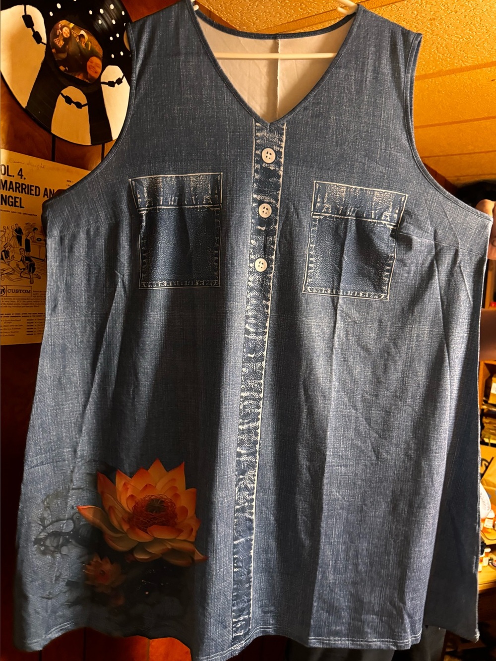 Dress- Sleeveless Denim-Look with Water Lily Print